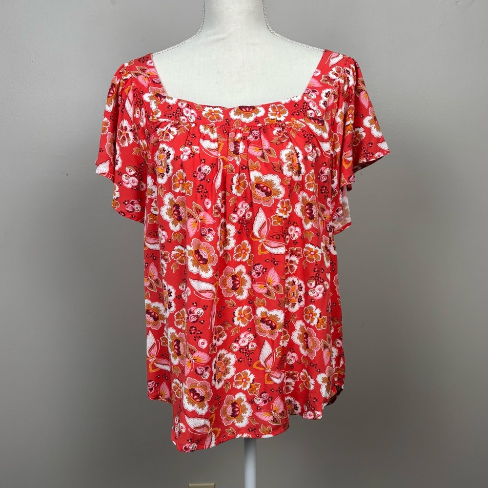 Loft Outlet Top Medium‎ Orange Pink Floral Square Neck Flutter Sleeve Blouse